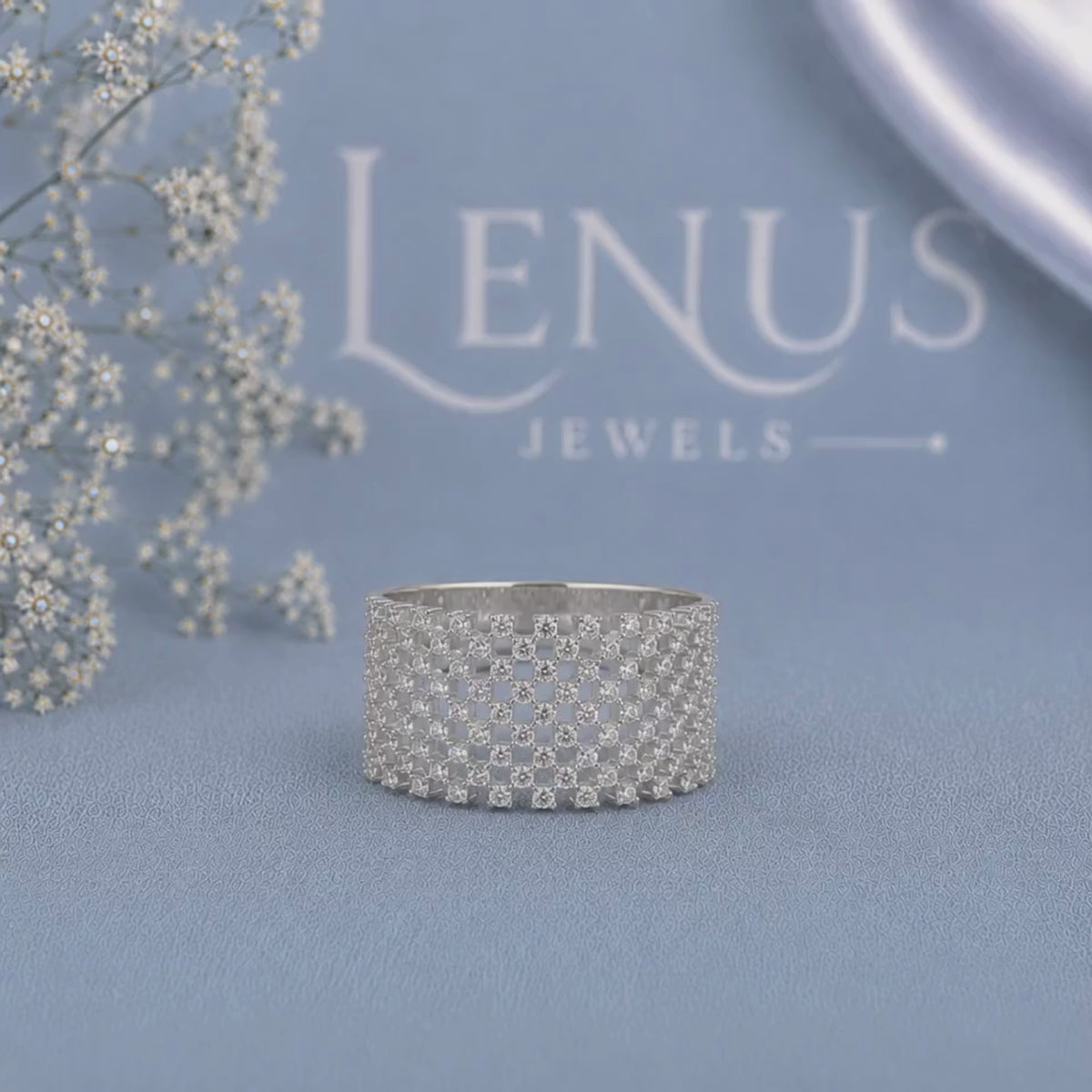Iced-Out Moissanite Wide Band Ring – Checkerboard Grid 925 Sterling Silver Statement Ring