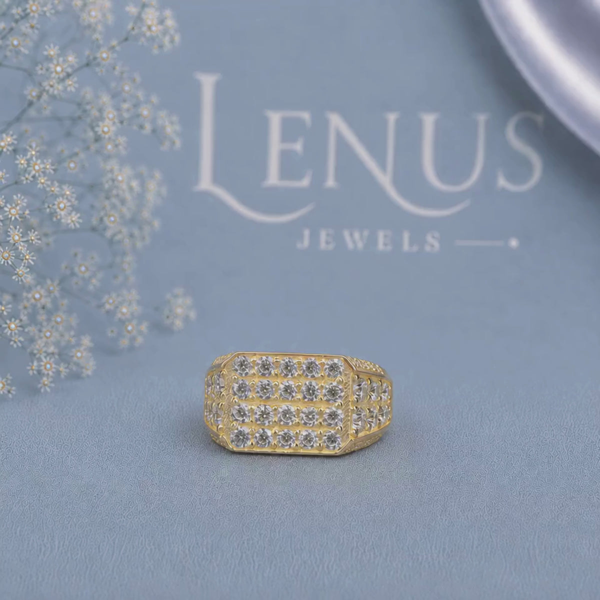 Men’s Gold Moissanite Signet Ring – Iced-Out Rectangular Cluster Ring in 925 Sterling Silver