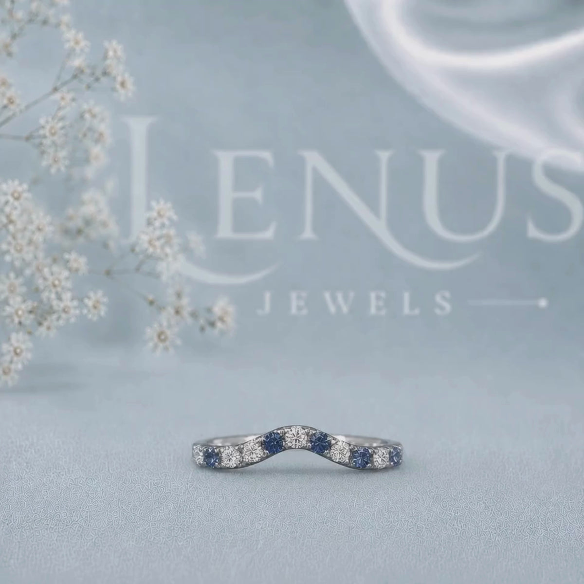 Blue and White Moissanite Curved Wedding Band – Contour Ring in 925 Sterling Silver