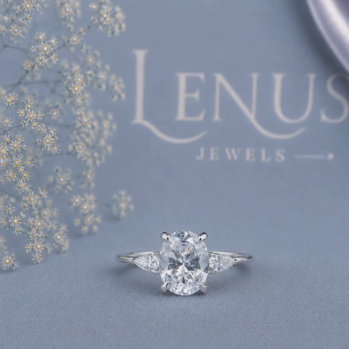 Oval Moissanite Three-Stone Engagement Ring – Pear Side Stones in 925 Sterling Silver