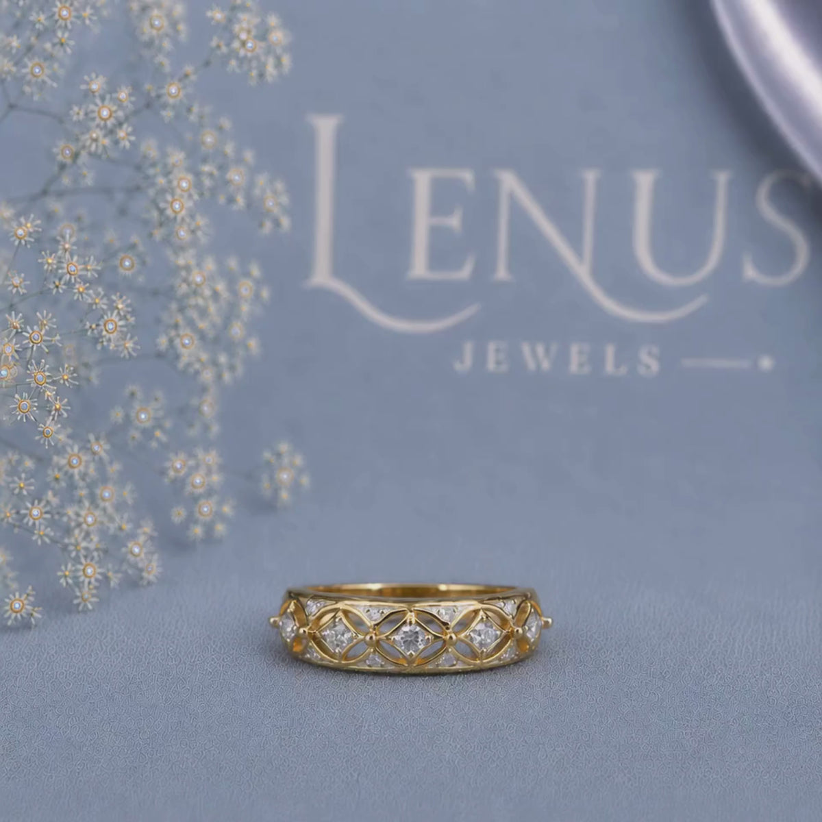 Yellow Gold Five-Stone Moissanite Wedding Band – Vintage Marquise Lattice 925 Silver Anniversary Ring