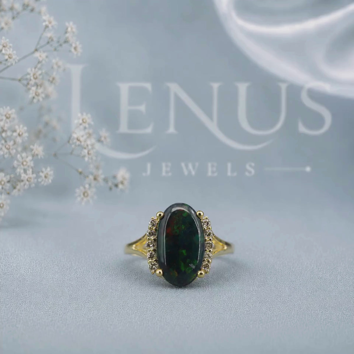 GreenOpal and Moissanite Halo Ring – Oval Green Fire Gemstone Ring in 925 Sterling Silver