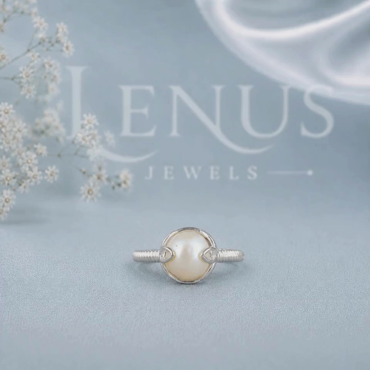 White Pearl and Moissanite Ring – Crescent Setting 925 Sterling Silver Bridal Ring