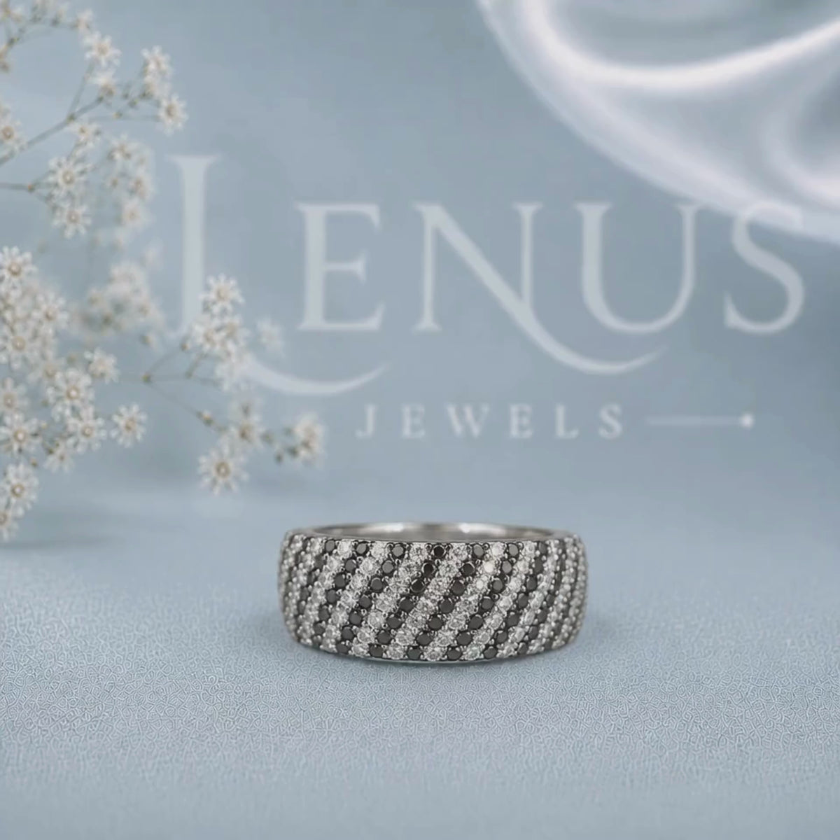 Black and White Moissanite Men’s Wedding Band – Wide Diagonal Stripe Ring in 925 Sterling Silver