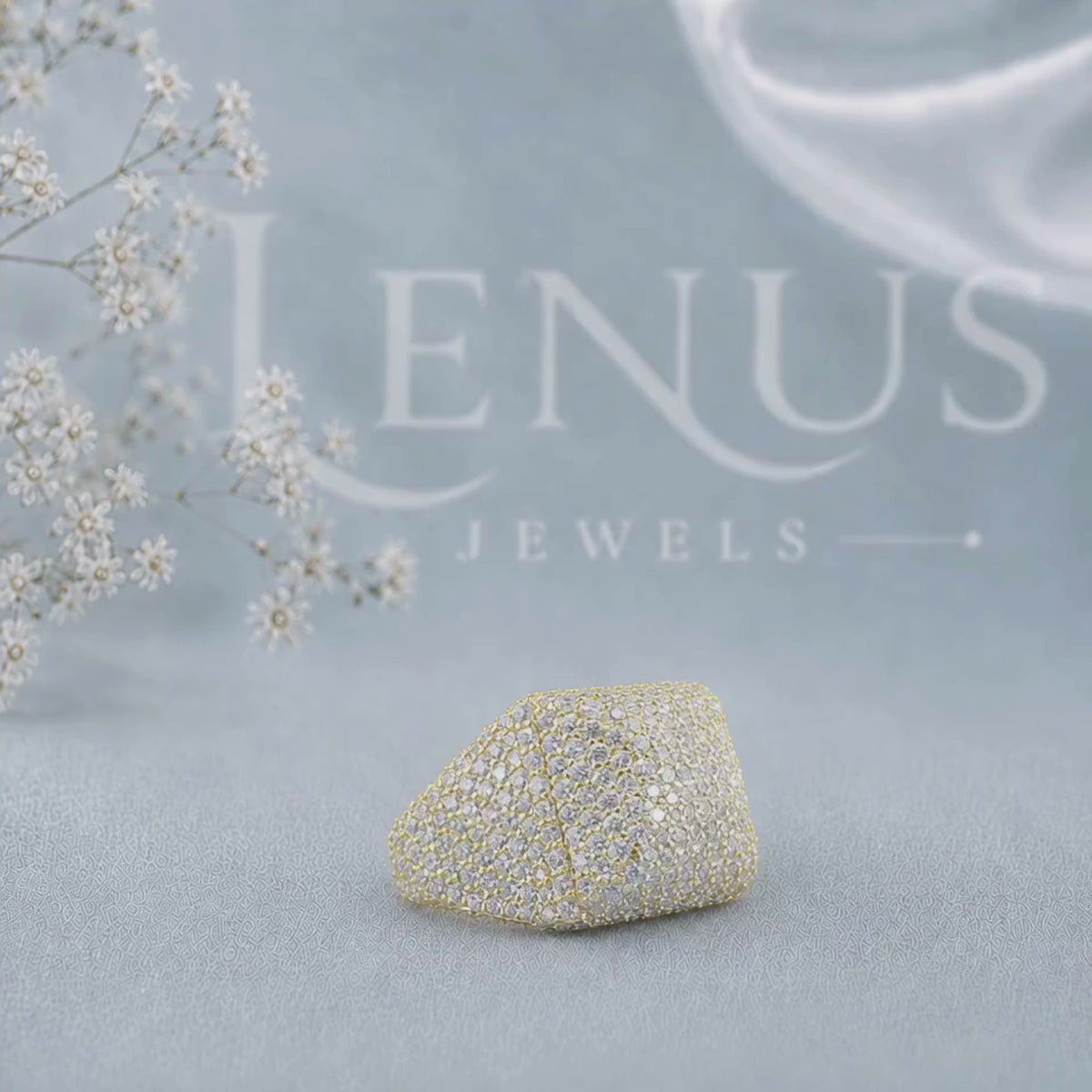 Yellow Gold Iced-Out Moissanite Dome Ring – Micro-Pavé Wide Bubble Ring in 925 Sterling Silver