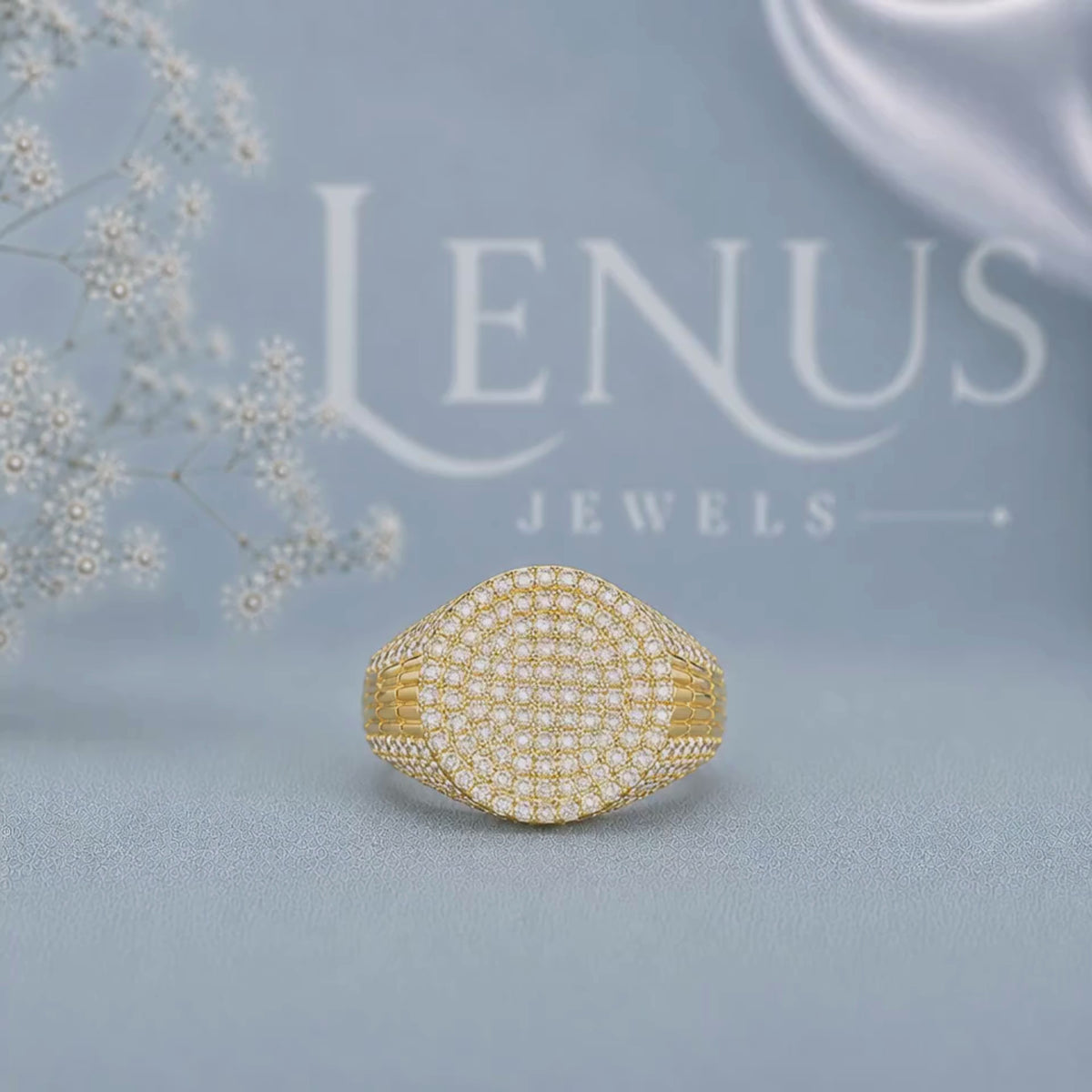 Men’s Iced Out Moissanite Signet Ring – 925 Sterling Silver Yellow Gold Pavé Statement Ring
