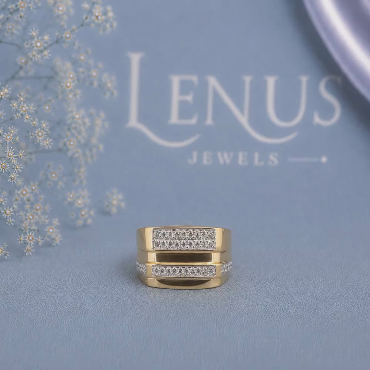 Men’s Gold Moissanite Wedding Band – Rectangular Pavé Statement Ring in 925 Sterling Silver