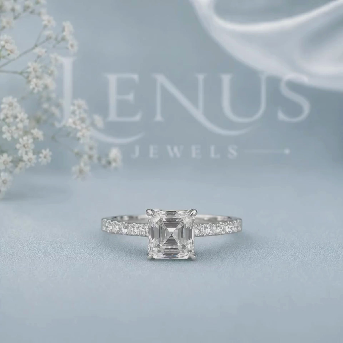 Asscher Cut Moissanite Engagement Ring – Pavé Band 925 Sterling Silver