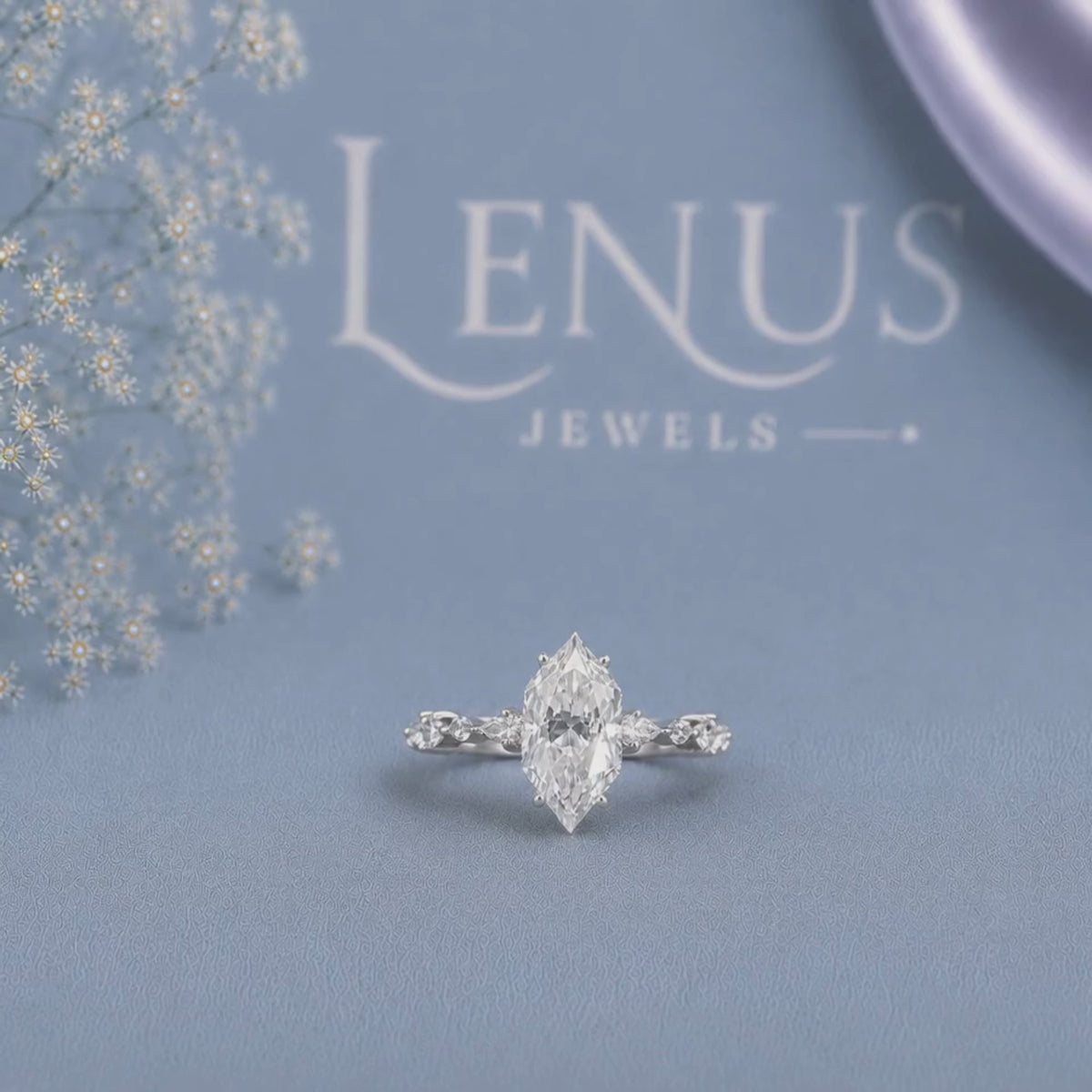 Marquise-Cut Moissanite Engagement Ring – Leaf Side Stones in White Rhodium 925 Sterling Silver