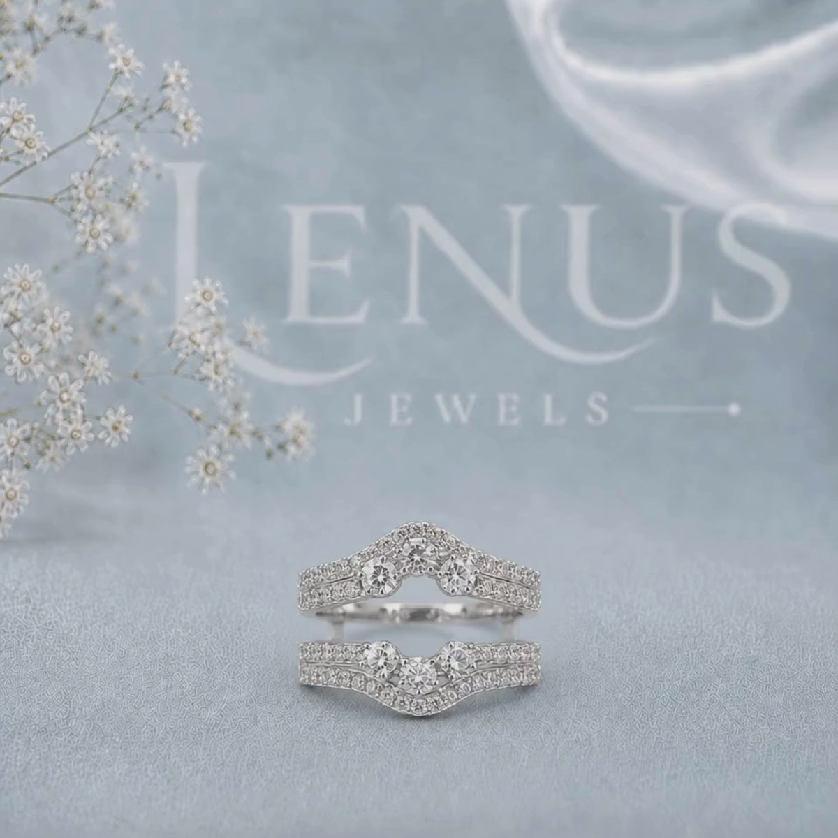 Moissanite Ring Enhancer Guard Set – Two-Piece Curved Pavé Wedding Bands in 925 Sterling Silver