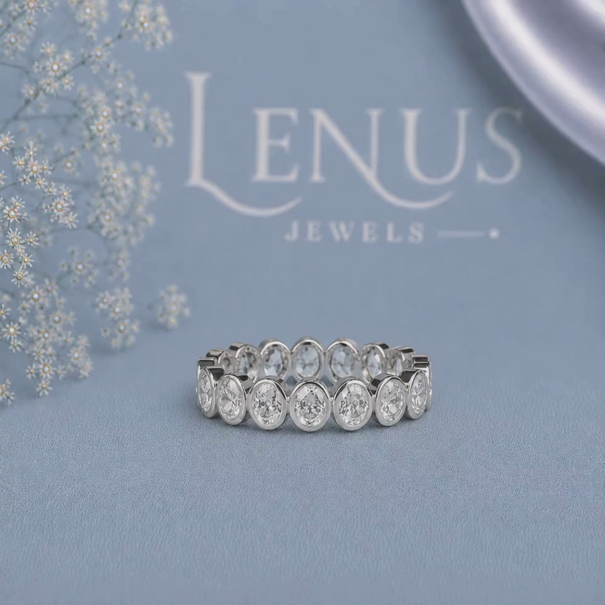 Oval East-West Moissanite Eternity Band – Bezel Set 925 Sterling Silver Wedding Ring