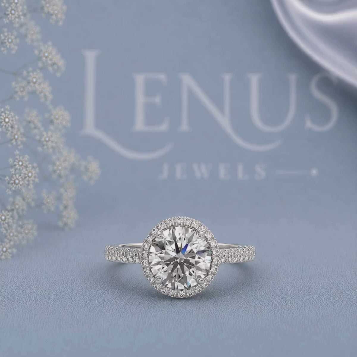 Round Moissanite Halo Engagement Ring – Pavé 925 Sterling Silver Bridal Ring