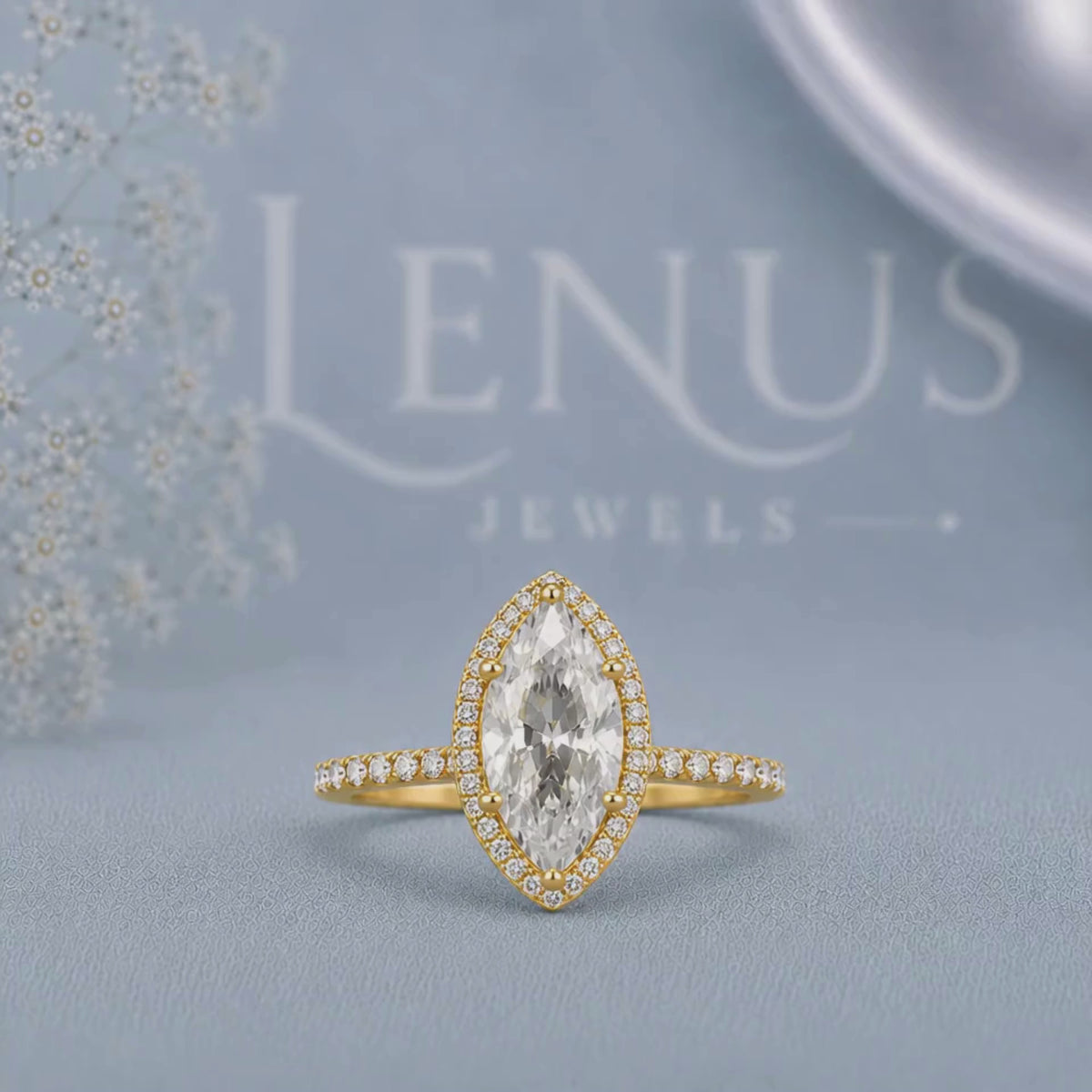 Marquise Cut Moissanite Halo Engagement Ring – Yellow Gold Finish Pavé Bridal Ring