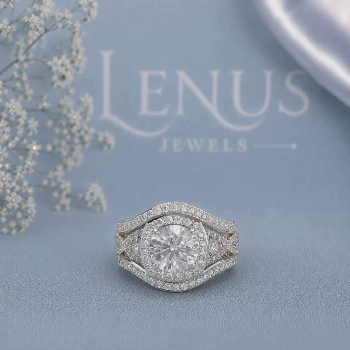 Round Moissanite Bridal Ri\ng Set – Halo Engagement Ring with Double Curved Wedding Bands in 925 Sterling Silver