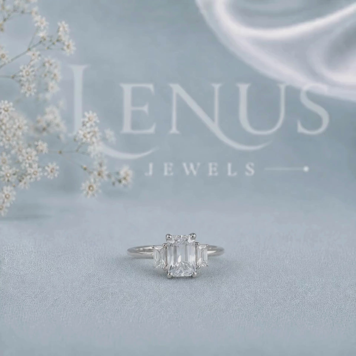 Emerald-Cut Moissanite Three-Stone Engagement Ring with Baguette Side Stones