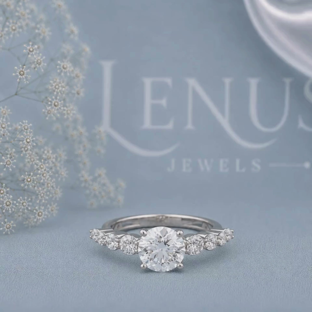 Round Moissanite Engagement Ring – 925 Sterling Silver Marquise Leaf Side Stone Bridal Ring