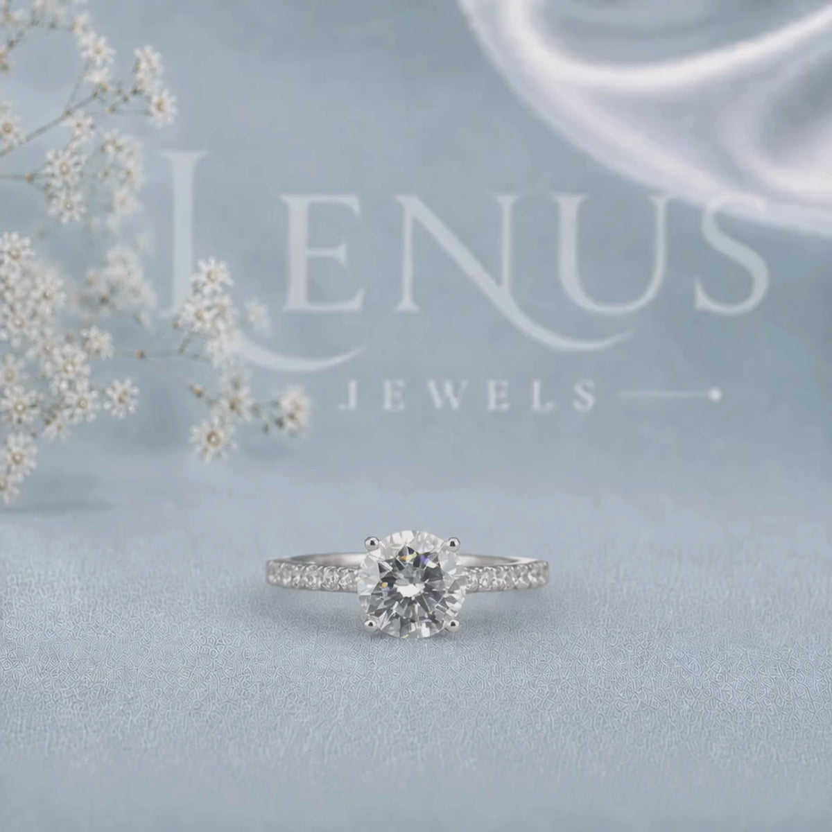 Round Cut Moissanite Engagement Ring with Pavé Band – Six-Prong Solitaire Ring