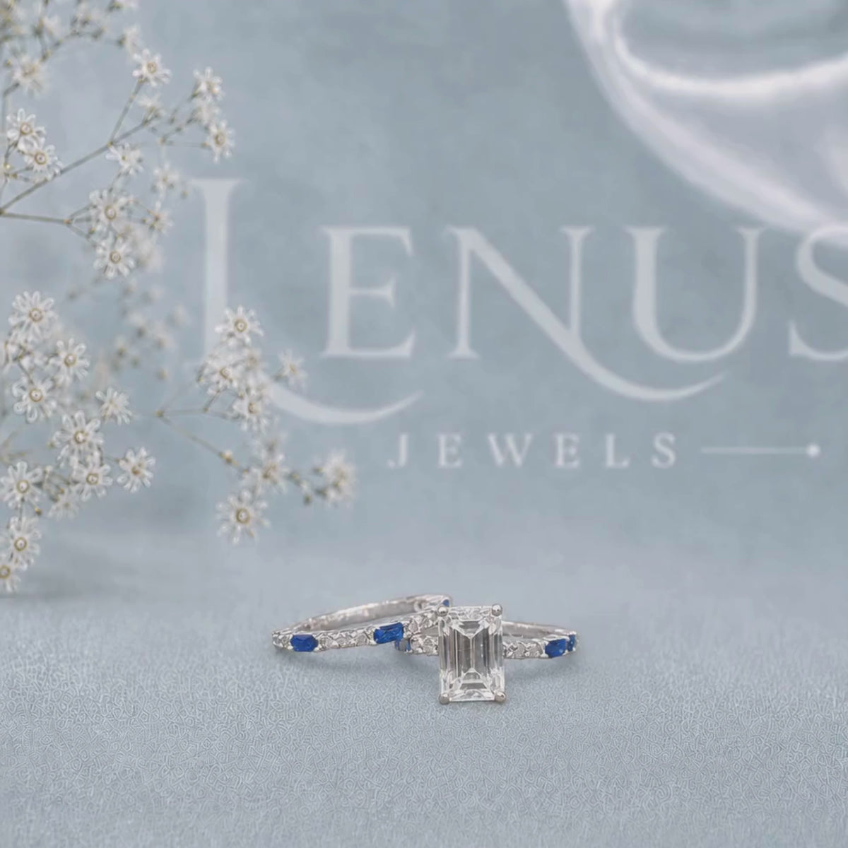 Emerald-Cut Moissanite Engagement Ring – Blue Accent Art Deco Ring in 925 Sterling Silver