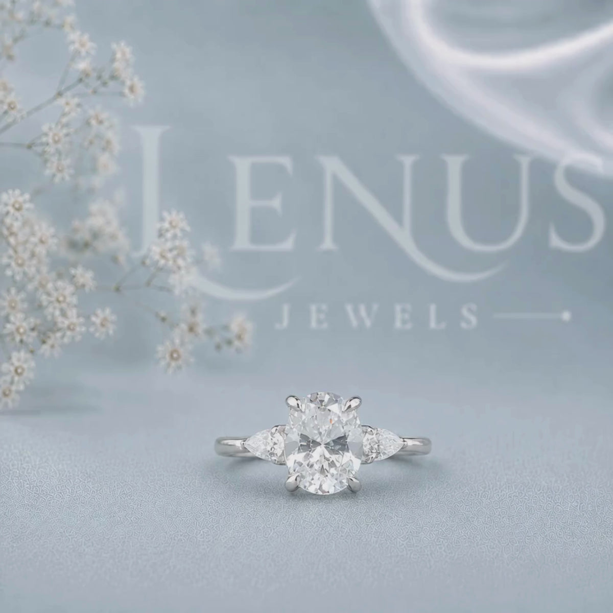 Oval Moissanite Three-Stone Engagement Ring – Pear Side-Stone Ring in 925 Sterling Silver