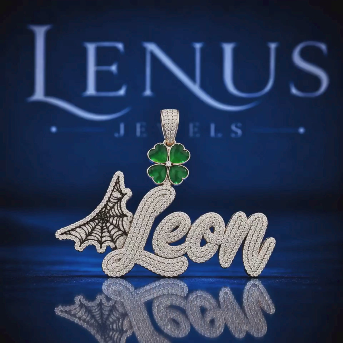 Custom LEON Name Moissanite Pendant – VVS Iced Out Script 925 Sterling Silver Spider Web & Green Clover Hip Hop Pendant
