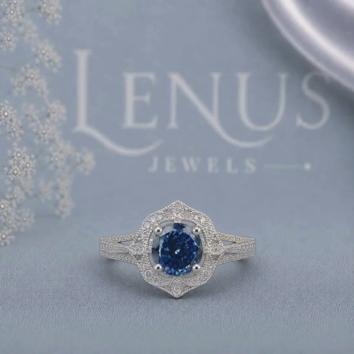 Royal Blue Round Moissanite Engagement Ring – Vintage Art Deco Halo Ring in 925 Sterling Silver