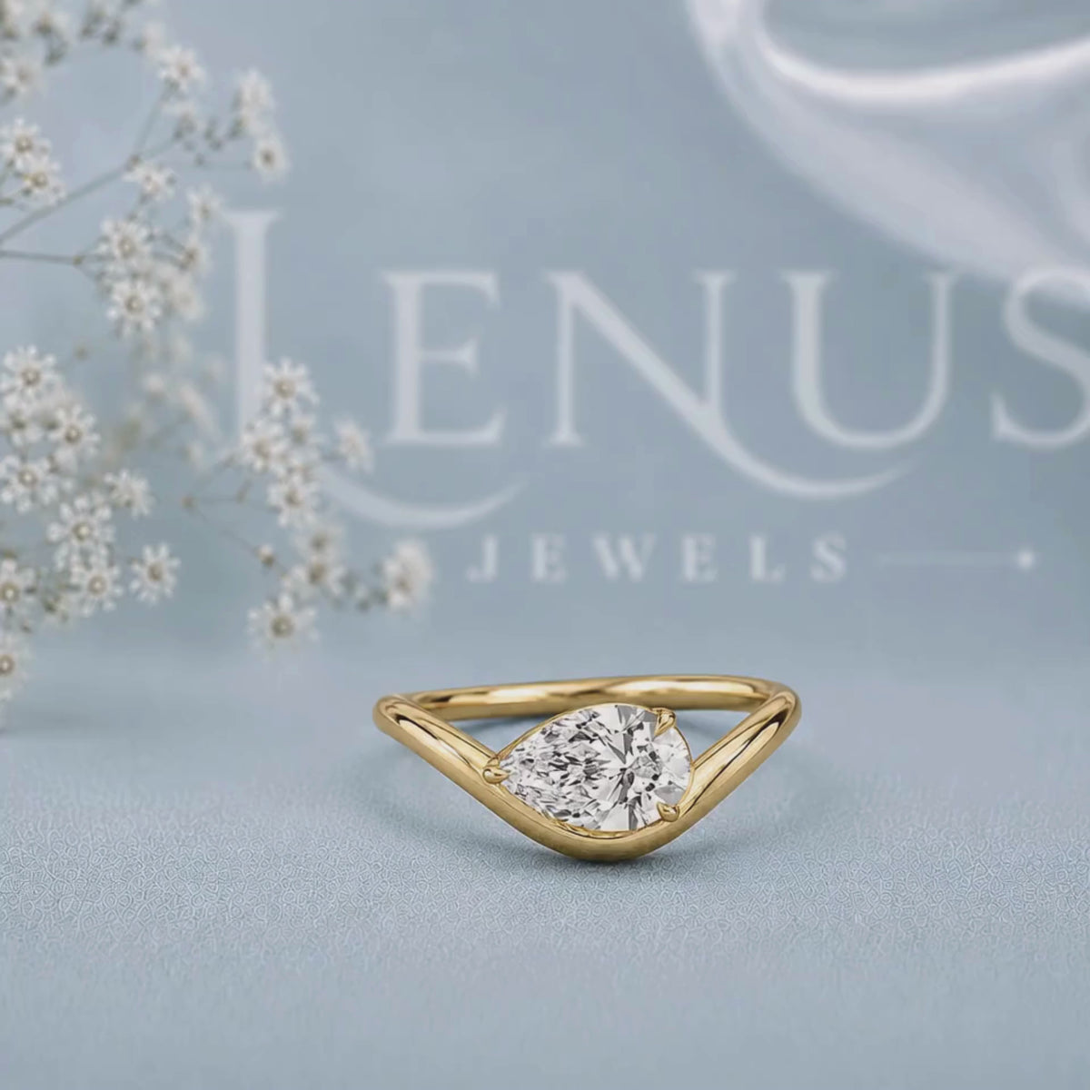 East West Pear Cut Moissanite Ring – 925 Sterling Silver Yellow Gold Bypass Engagement Ring