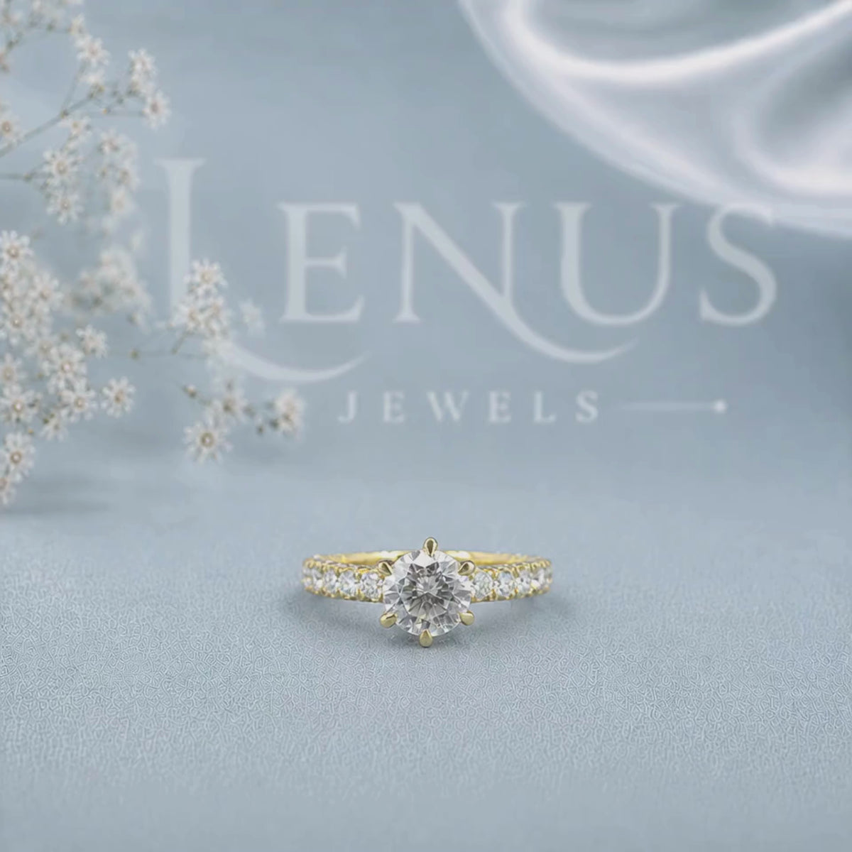 Yellow Gold Round Moissanite Engagement Ring – Double-Row Pavé Solitaire in 925 Sterling Silver