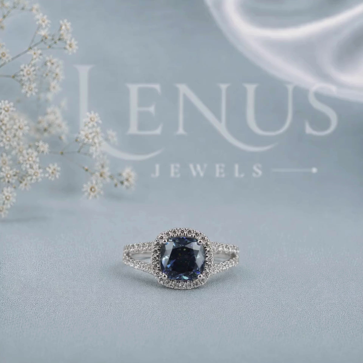 Blue Cushion-Cut Moissanite Engagement Ring – Halo Split-Shank Pavé Ring in 925 Sterling Silver