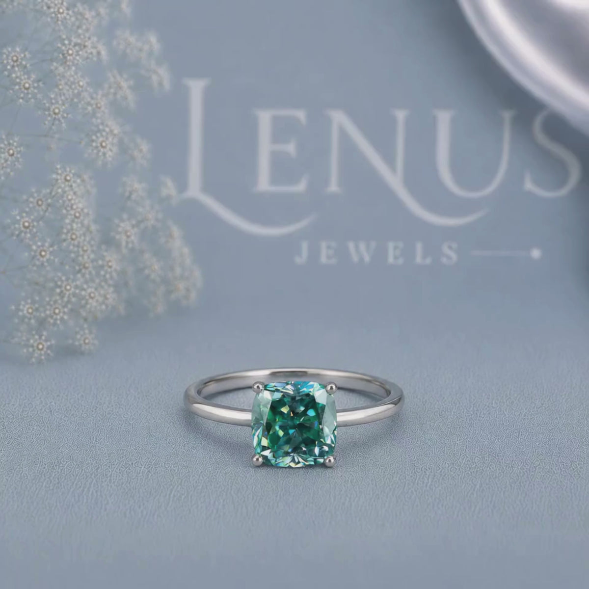 Cyan Blue Cushion Cut Moissanite Ring – 925 Sterling Silver Solitaire Engagement Ring