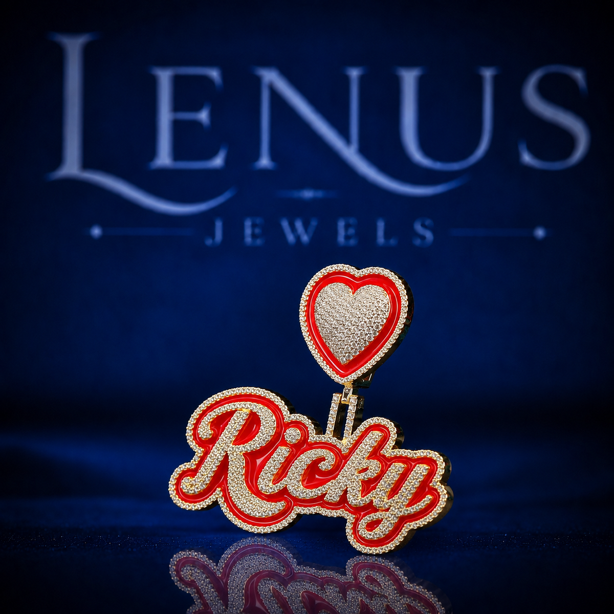 Iced Out Ricky Name Pendant with Red Heart Bail VVS Moissanite 925 Sterling Silver Gold Finish Custom Script Hip Hop Necklace Gift
