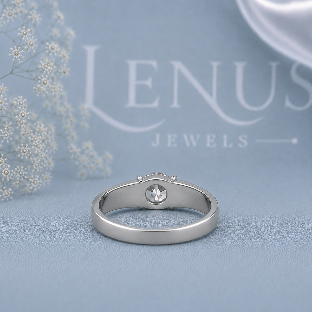Round Moissanite Men’s Ring – 925 Sterling Silver Bezel Set Solitaire Wedding Band