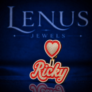 Iced Out Ricky Name Pendant with Red Heart Bail VVS Moissanite 925 Sterling Silver Gold Finish Custom Script Hip Hop Necklace Gift