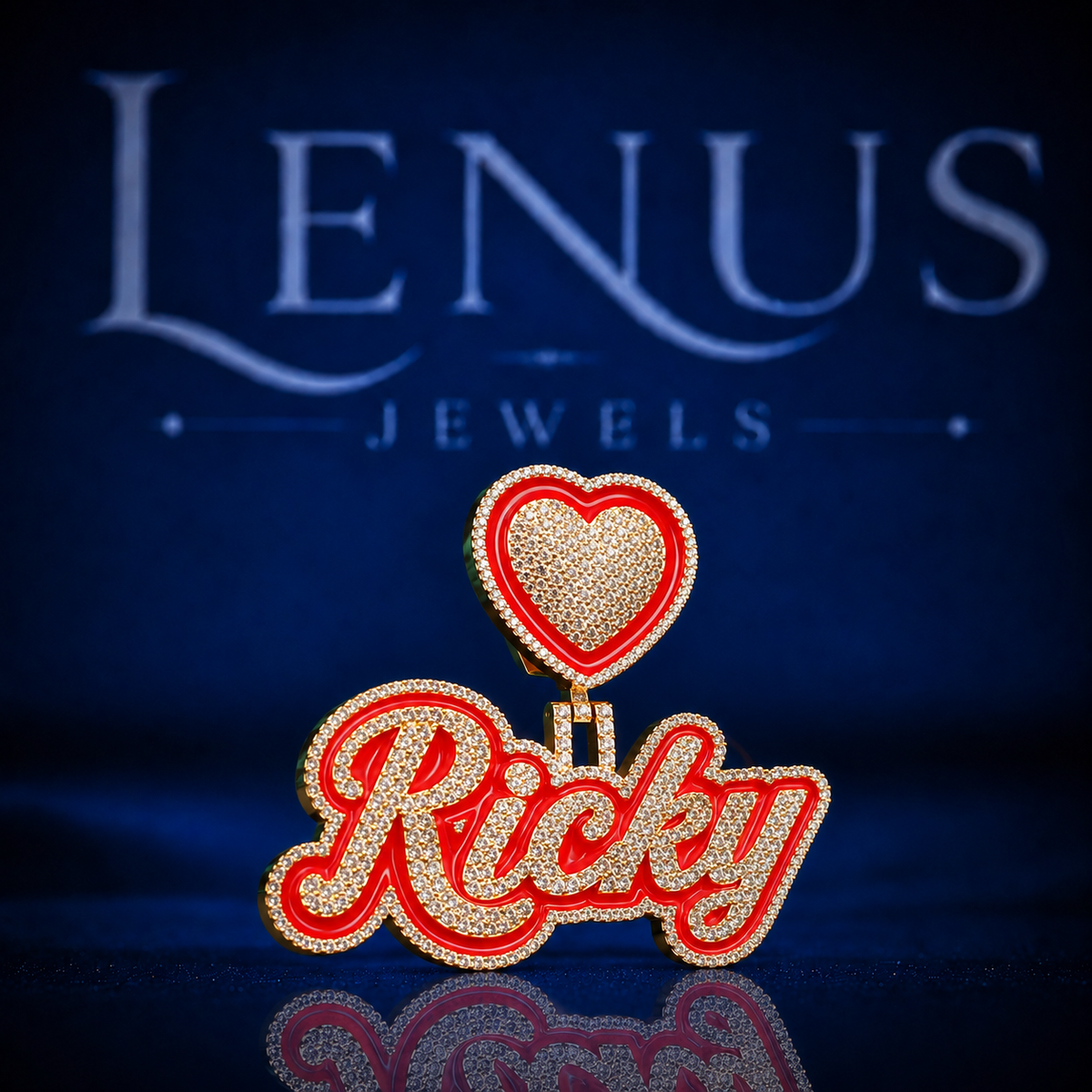 Iced Out Ricky Name Pendant with Red Heart Bail VVS Moissanite 925 Sterling Silver Gold Finish Custom Script Hip Hop Necklace Gift