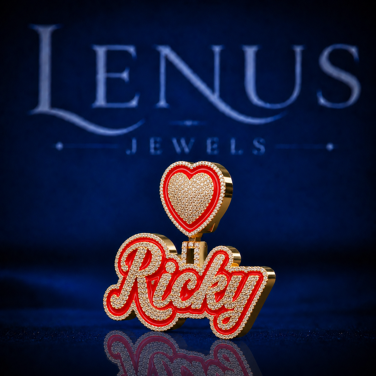 Iced Out Ricky Name Pendant with Red Heart Bail VVS Moissanite 925 Sterling Silver Gold Finish Custom Script Hip Hop Necklace Gift