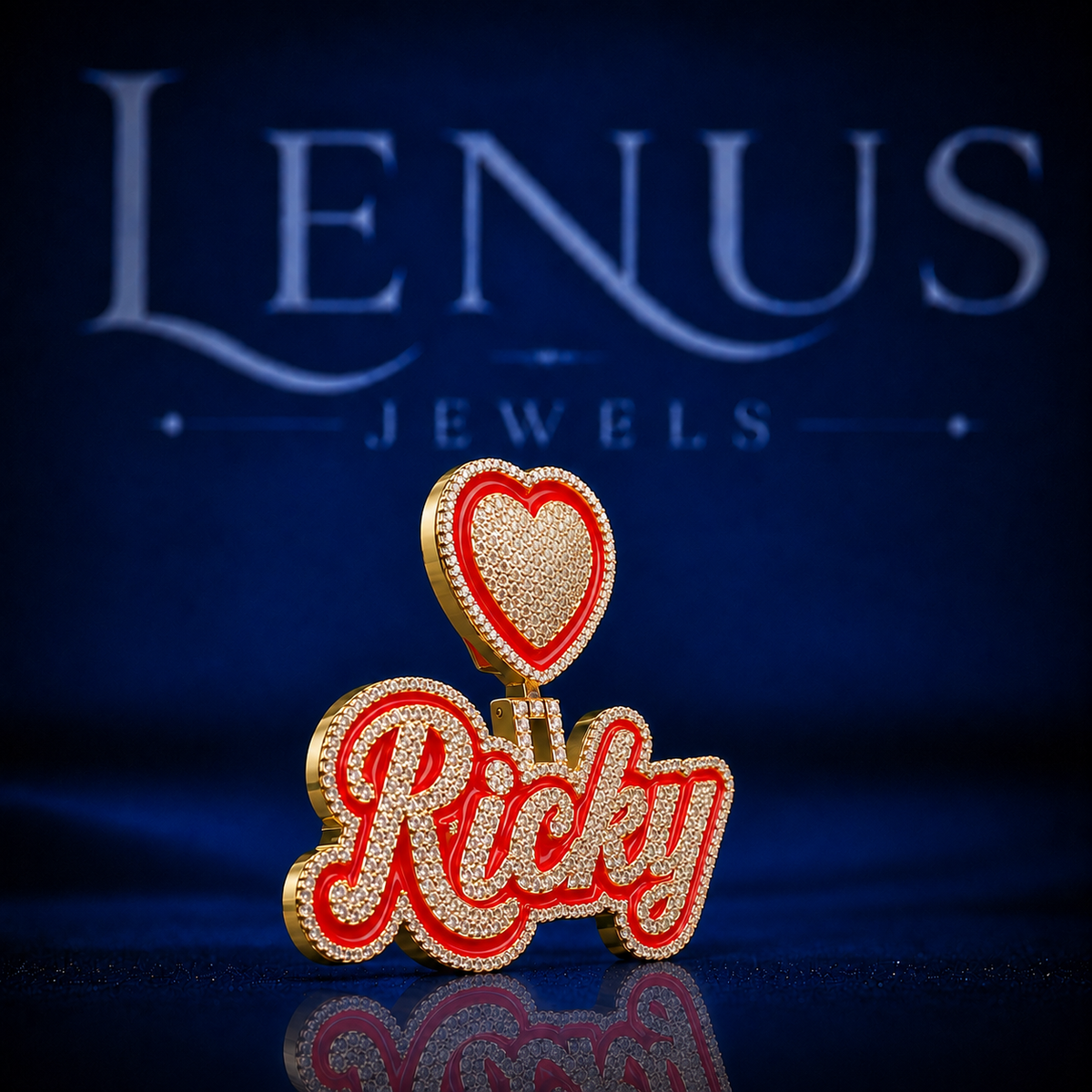 Iced Out Ricky Name Pendant with Red Heart Bail VVS Moissanite 925 Sterling Silver Gold Finish Custom Script Hip Hop Necklace Gift