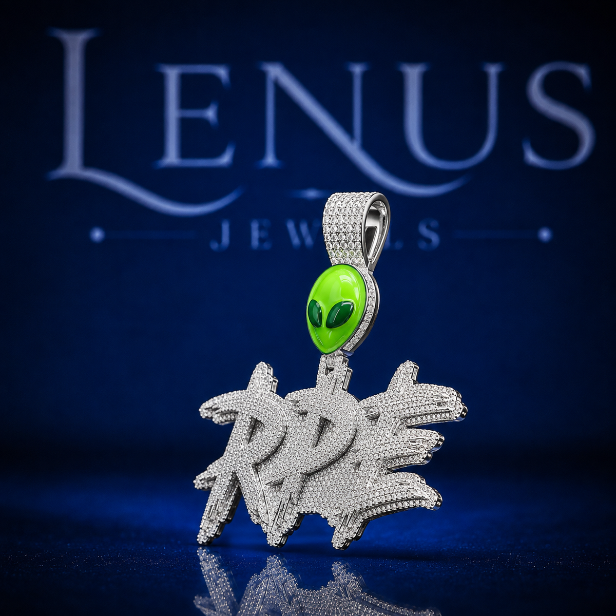 Iced Out RPE Graffiti Pendant with Green Alien Head Bail VVS Moissanite 925 Sterling Silver Custom Hip Hop Streetwear Name Necklace