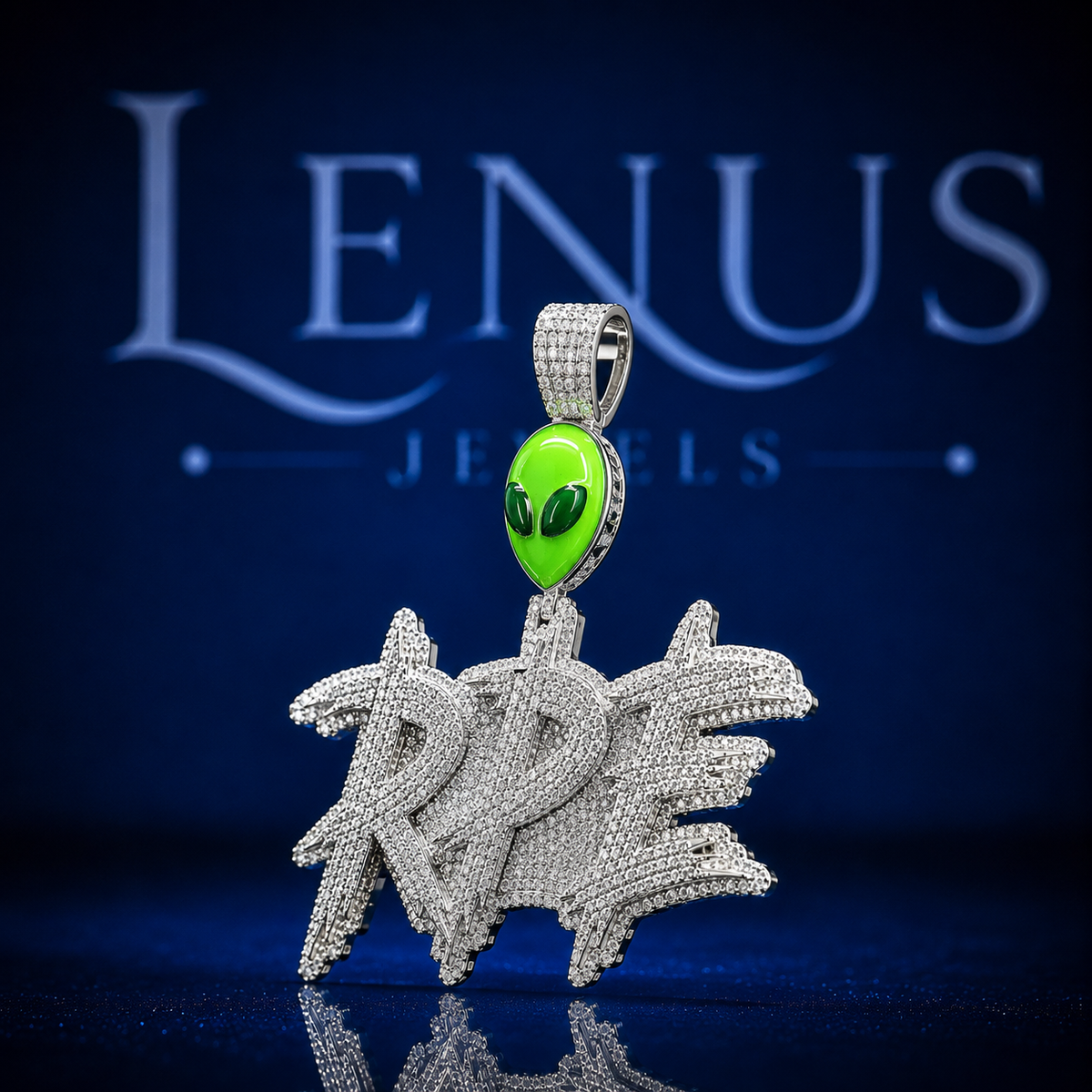 Iced Out RPE Graffiti Pendant with Green Alien Head Bail VVS Moissanite 925 Sterling Silver Custom Hip Hop Streetwear Name Necklace