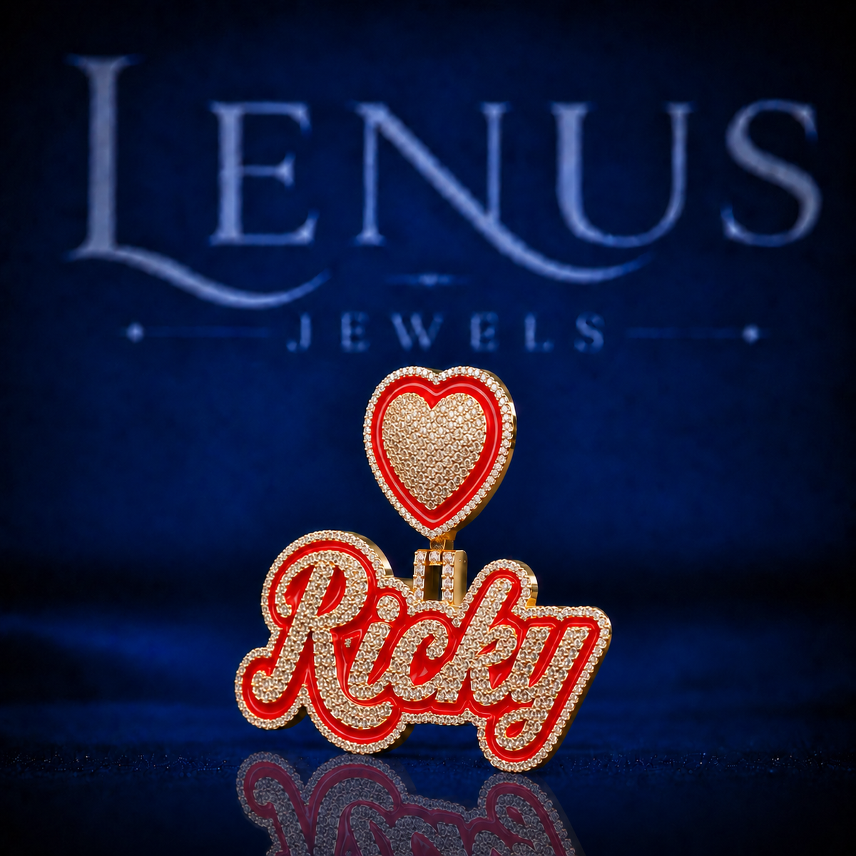 Iced Out Ricky Name Pendant with Red Heart Bail VVS Moissanite 925 Sterling Silver Gold Finish Custom Script Hip Hop Necklace Gift