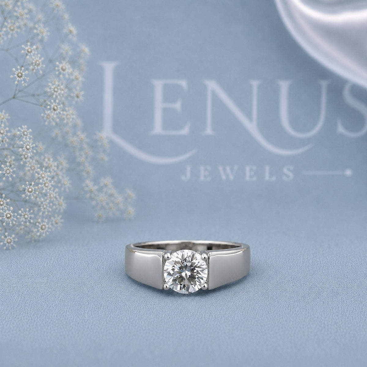 Round Moissanite Men’s Ring – 925 Sterling Silver Bezel Set Solitaire Wedding Band