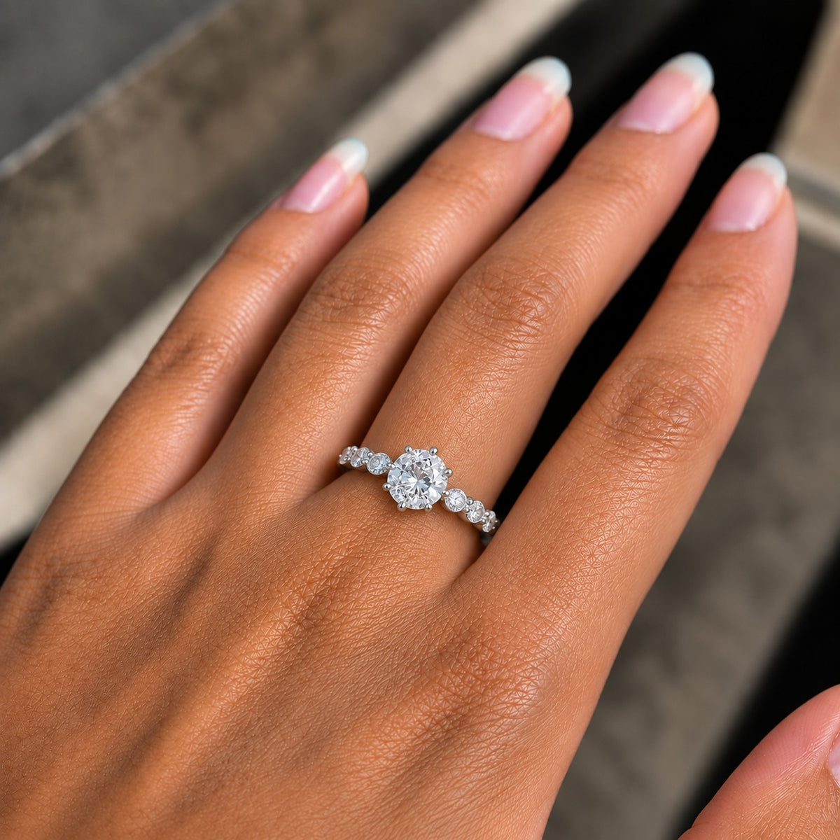 Round Moissanite Engagement Ring – 925 Sterling Silver Marquise Leaf Side Stone Bridal Ring