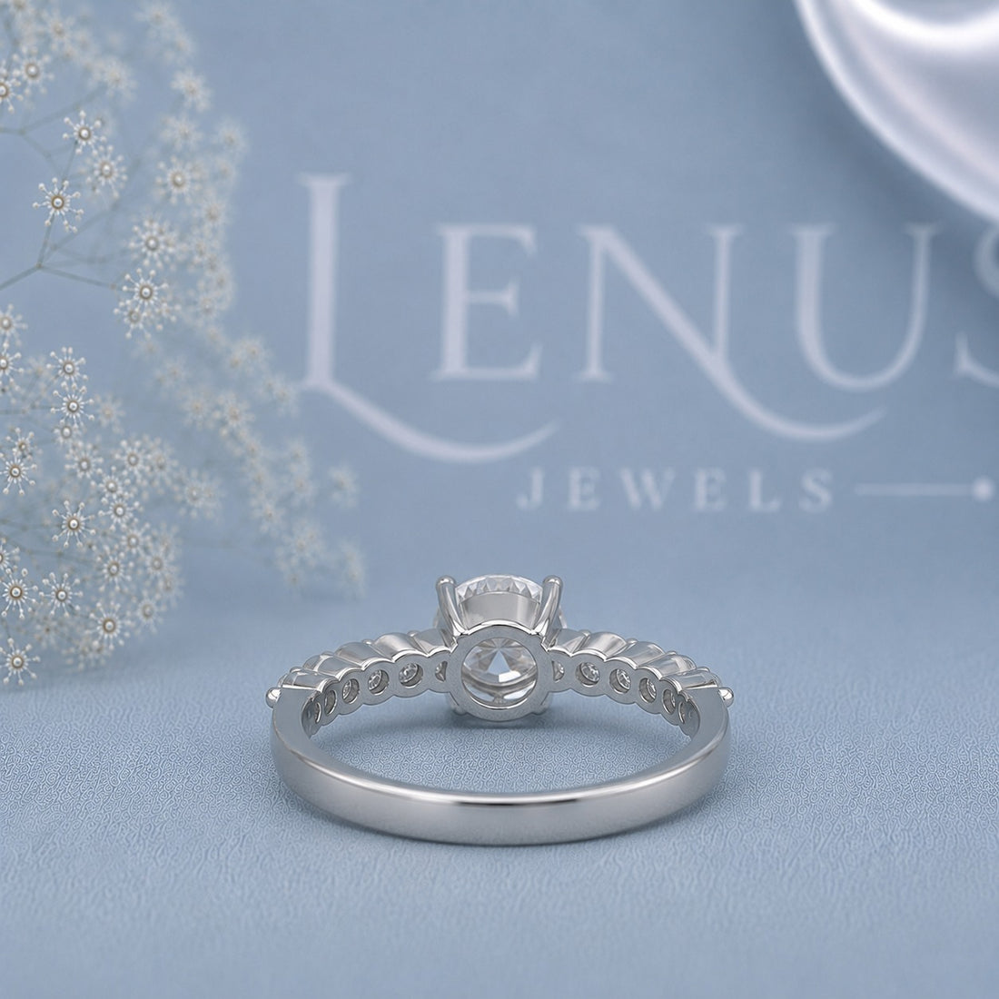 Round Moissanite Engagement Ring – 925 Sterling Silver Marquise Leaf Side Stone Bridal Ring