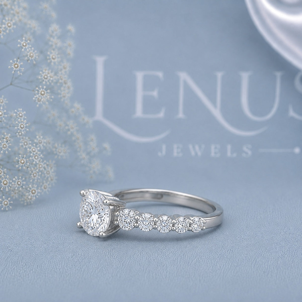 Round Moissanite Engagement Ring – 925 Sterling Silver Marquise Leaf Side Stone Bridal Ring