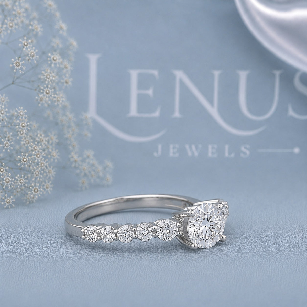 Round Moissanite Engagement Ring – 925 Sterling Silver Marquise Leaf Side Stone Bridal Ring