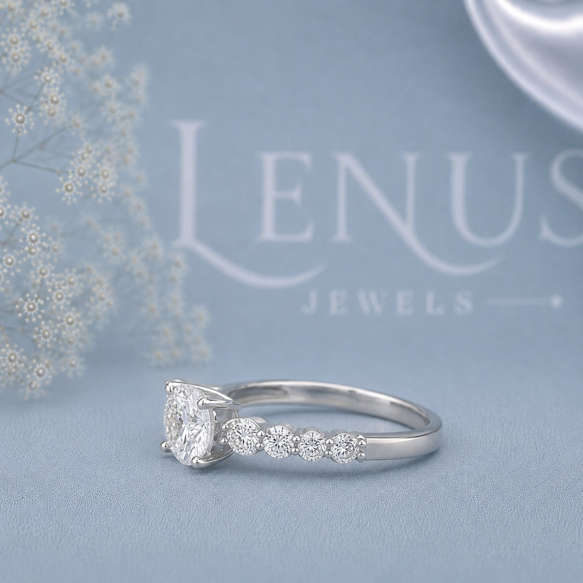 Round Moissanite Engagement Ring – 925 Sterling Silver Marquise Leaf Side Stone Bridal Ring