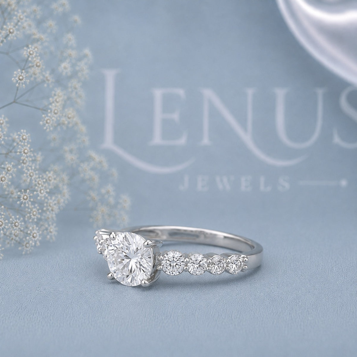 Round Moissanite Engagement Ring – 925 Sterling Silver Marquise Leaf Side Stone Bridal Ring