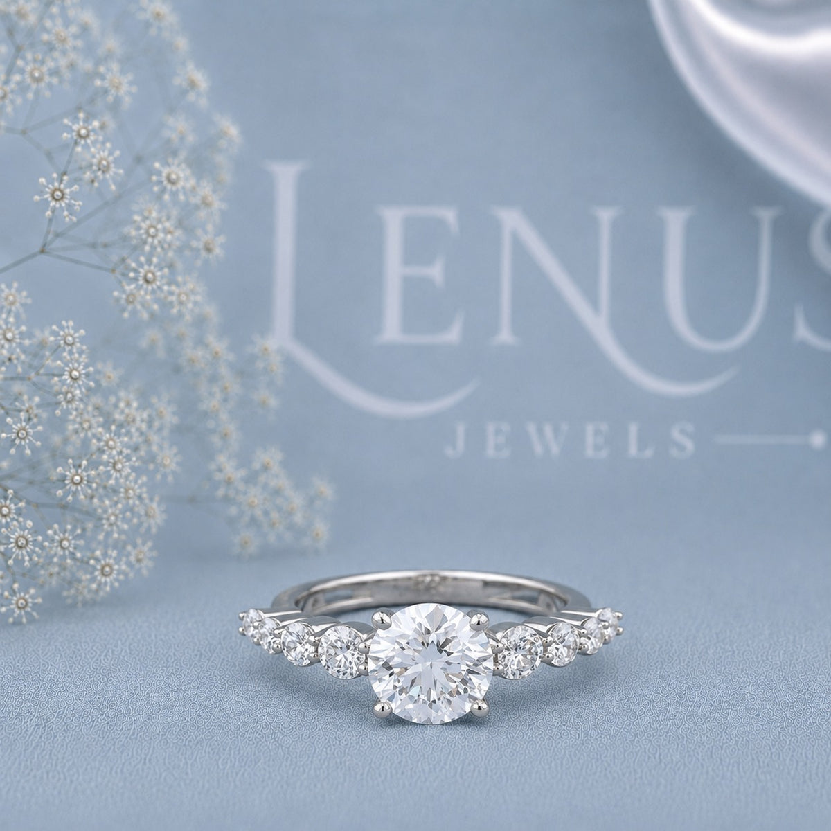 Round Moissanite Engagement Ring – 925 Sterling Silver Marquise Leaf Side Stone Bridal Ring