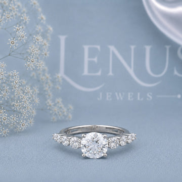 Round Moissanite Engagement Ring – 925 Sterling Silver Marquise Leaf Side Stone Bridal Ring