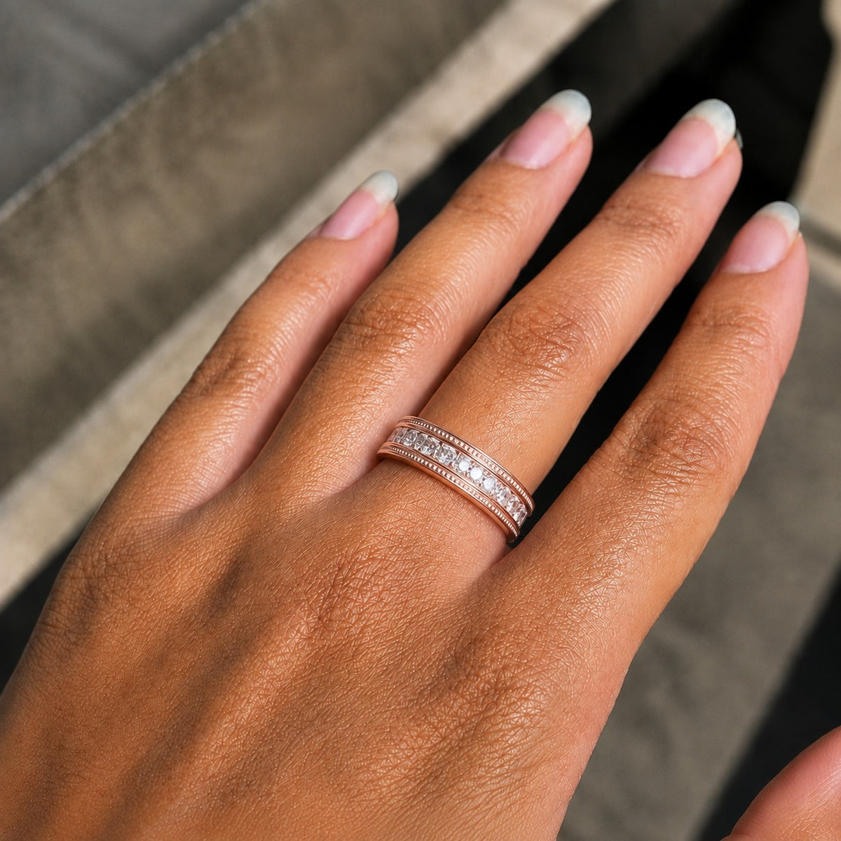 Rose Gold Moissanite Wedding Band for Women – Round-Cut Milgrain Anniversary Ring