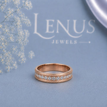 Rose Gold Moissanite Wedding Band for Women – Round-Cut Milgrain Anniversary Ring