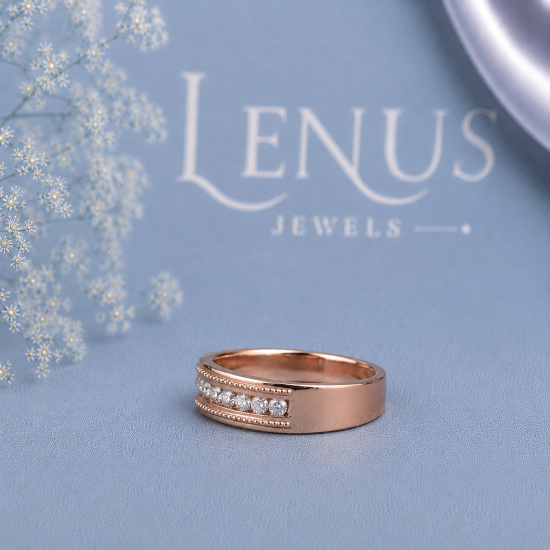 Rose Gold Moissanite Wedding Band for Women – Round-Cut Milgrain Anniversary Ring
